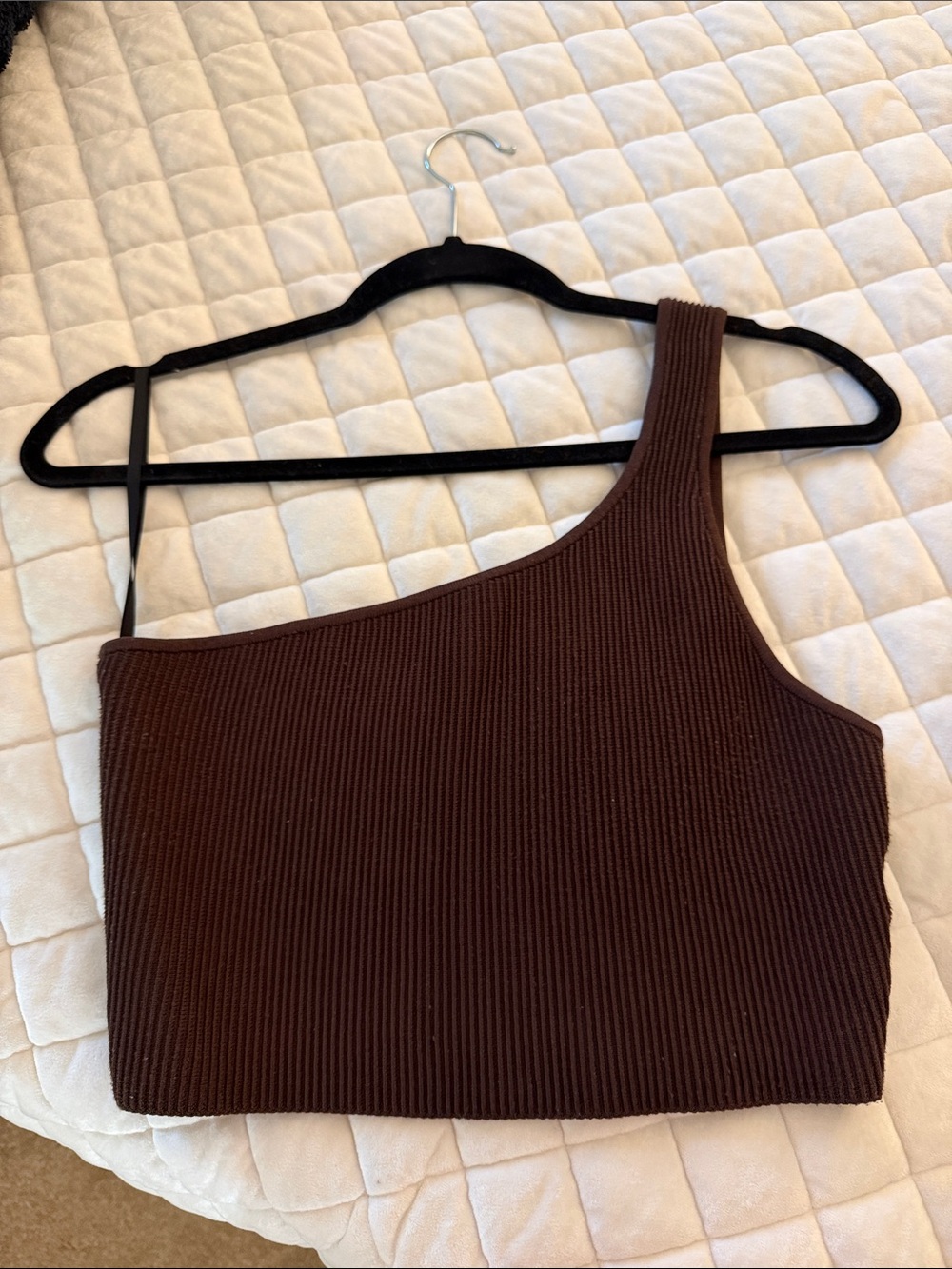 Babaton Ribbed One-Shoulder Crop Top in Chocolate Brown